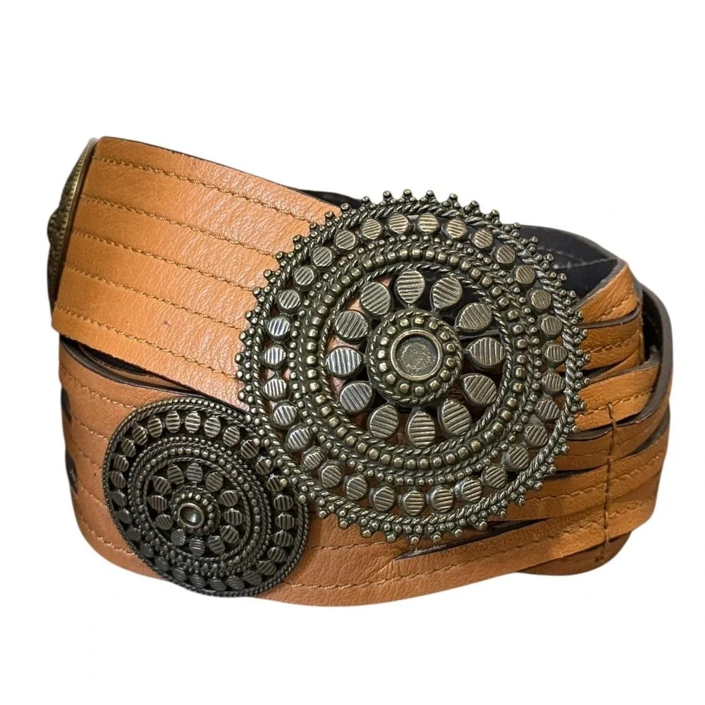 Chico's Brown Leather Concho Belt Boho Western Cowgirl Statement‎ Waist Belt